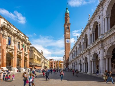 VICENZA,ITALY - SEPTEMBER 13,2014 - The Basilica Palladiana at the piazza Signiori in Vicenza.Vicenza is a thriving and cosmopolitan city with a rich history and culture and many museums art galleries piazzas villas churches and elegant palazzi.