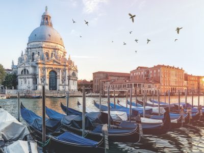 river side view of Santa Maria Della salute Church at sunset time,venice